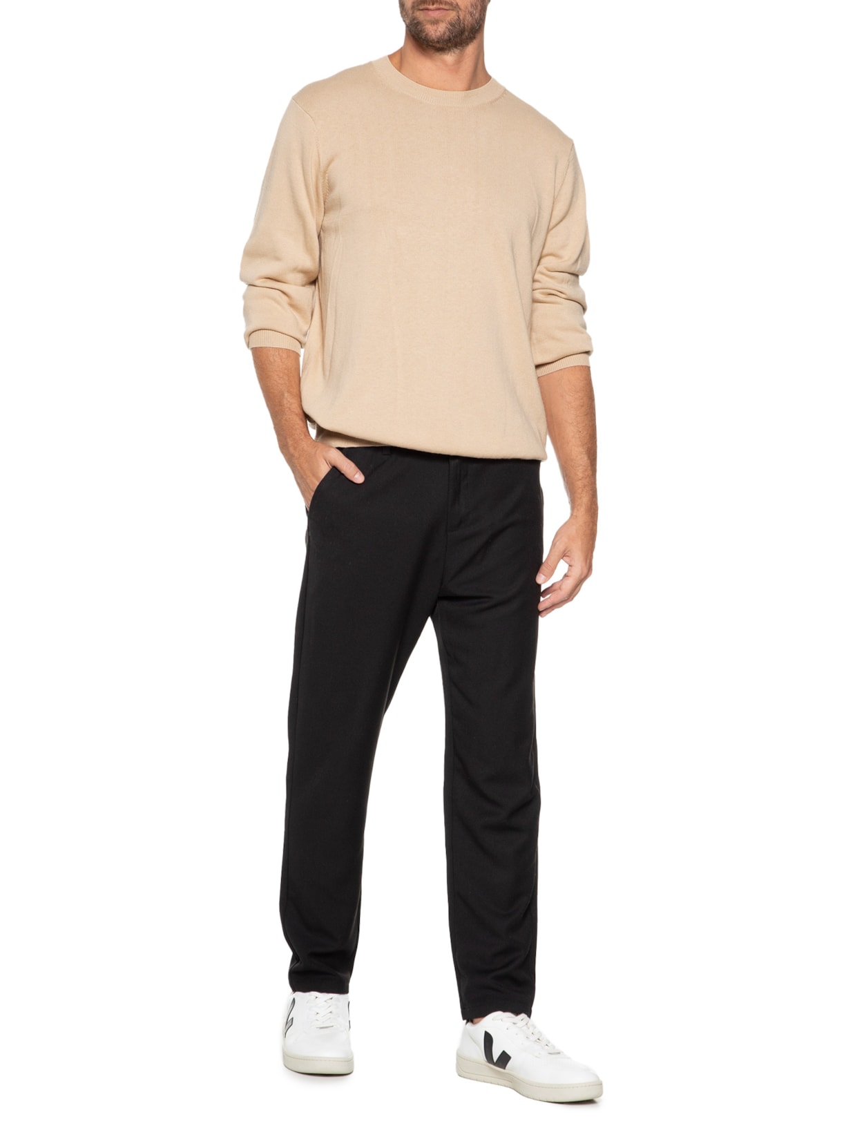 Suéter Masculino Gola Redonda Manga Longa Algodão Pima com Cashmere Bege '2 Essential