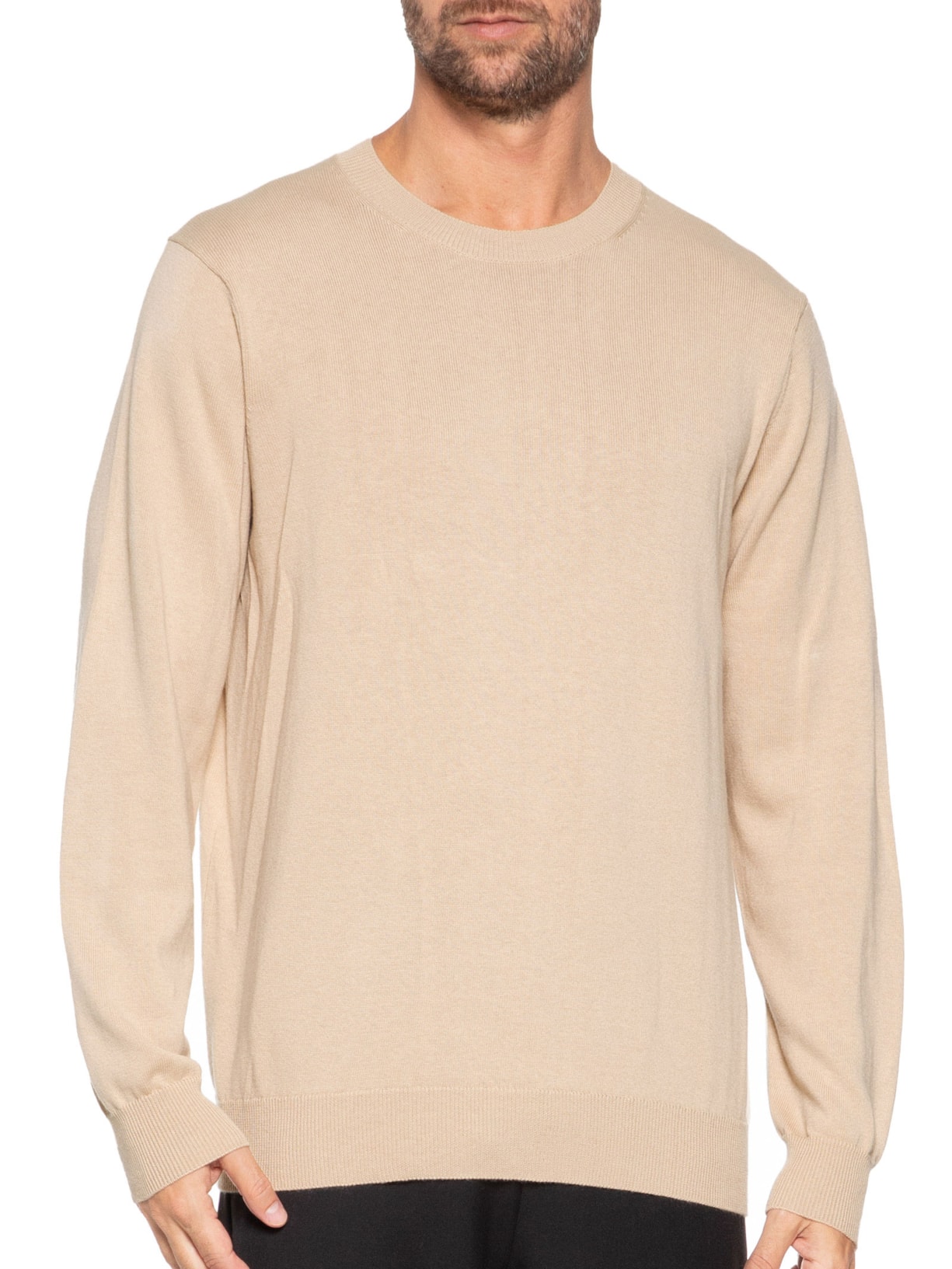 Suéter Masculino Gola Redonda Manga Longa Algodão Pima com Cashmere Bege '2 Essential