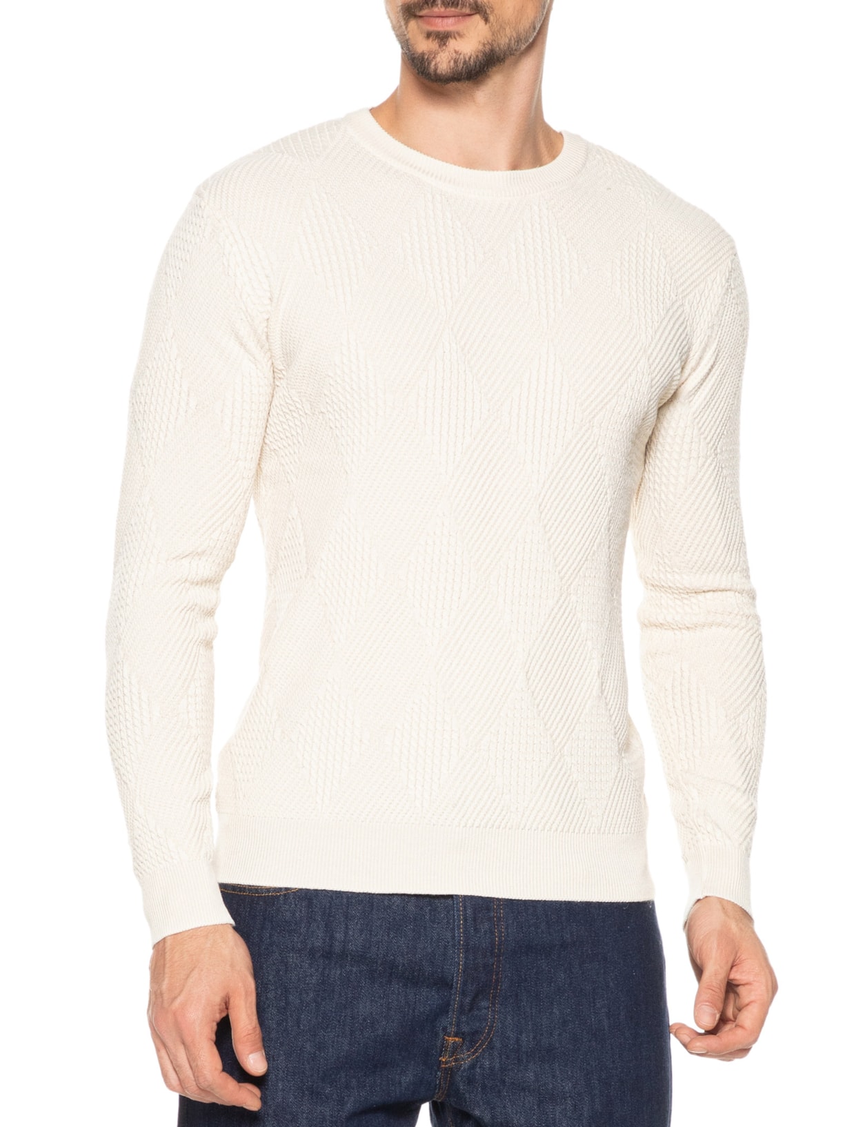 Suéter Masculino Gola Redonda Texturizada Bege  '2 Essential