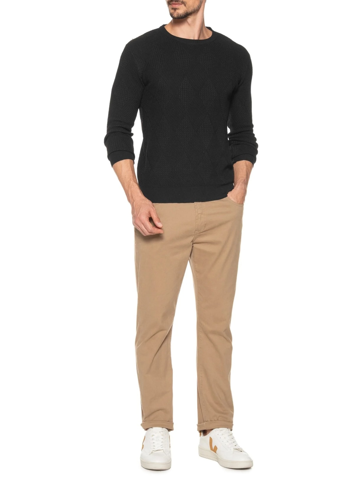 Suéter Masculino Gola Redonda Texturizada Preto '2 Essential