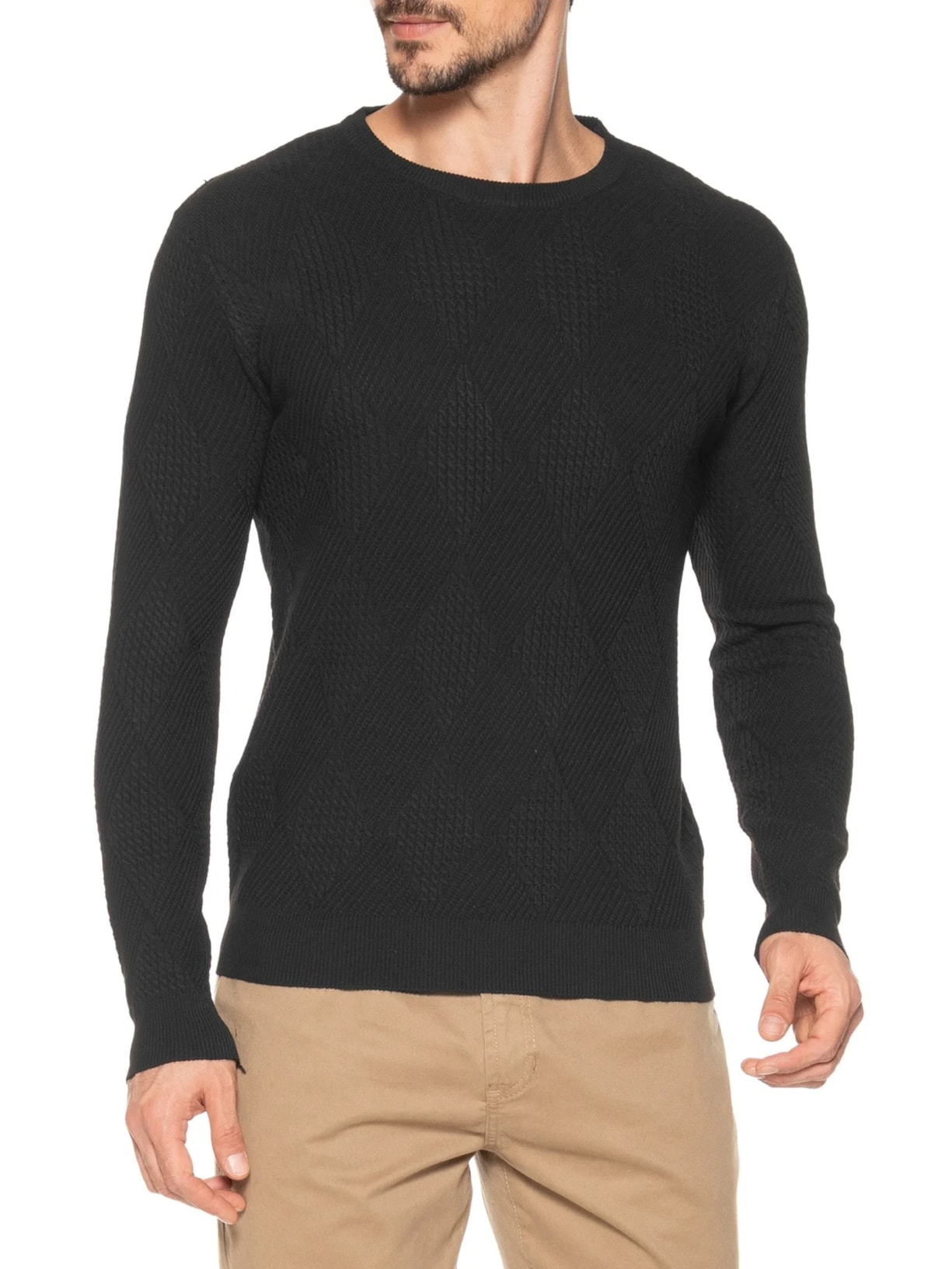 Suéter Masculino Gola Redonda Texturizada Preto '2 Essential