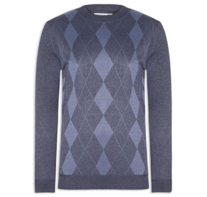 Suéter Masculino Gola Redonda Xadrez Argyle - Azul