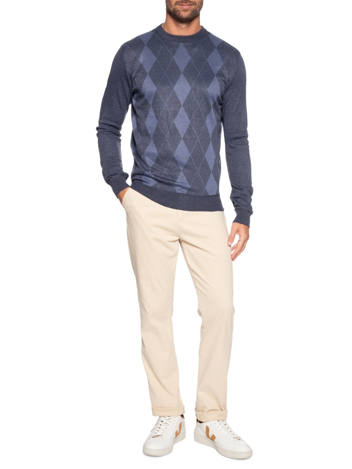 Suéter Masculino Gola Redonda Xadrez Argyle Azul '2 Essential