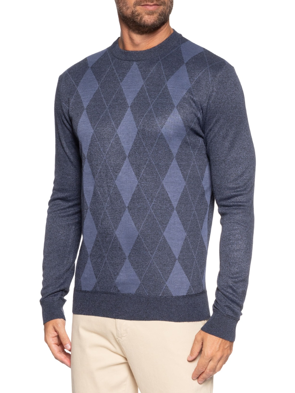 Suéter Masculino Gola Redonda Xadrez Argyle Azul '2 Essential