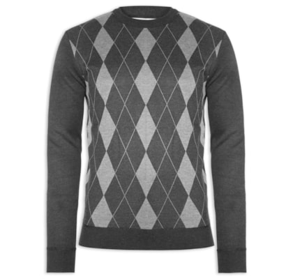 Suéter Masculino Gola Redonda Xadrez Argyle - Preto