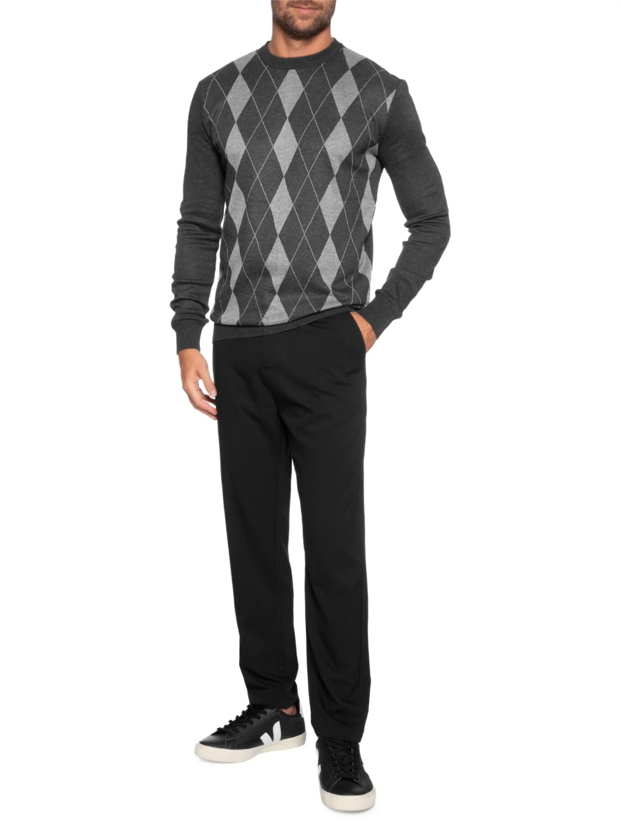 Suéter Masculino Gola Redonda Xadrez Argyle Preto '2 Essential