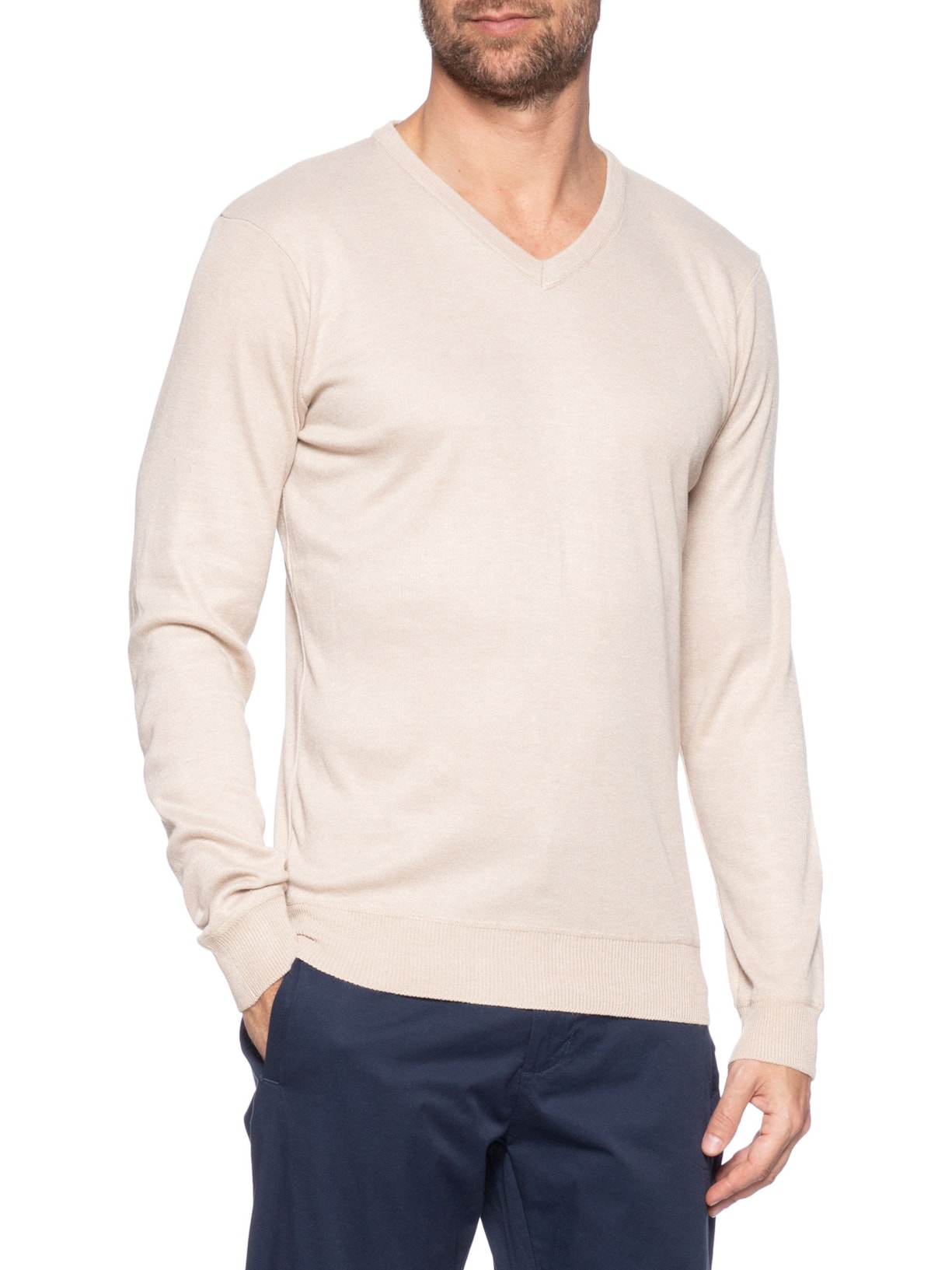 Suéter Masculino Gola V Bege '2 Essential