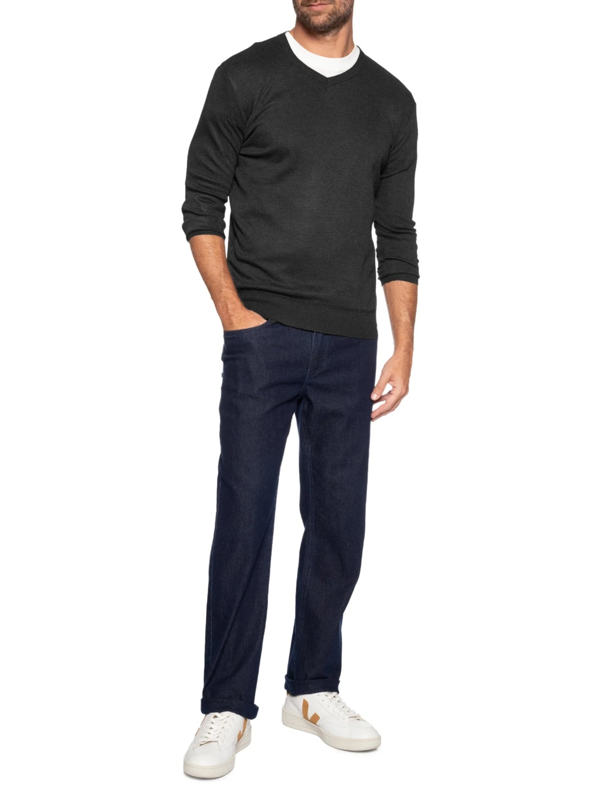 Suéter Masculino Gola V Casual Preto '2 Essential