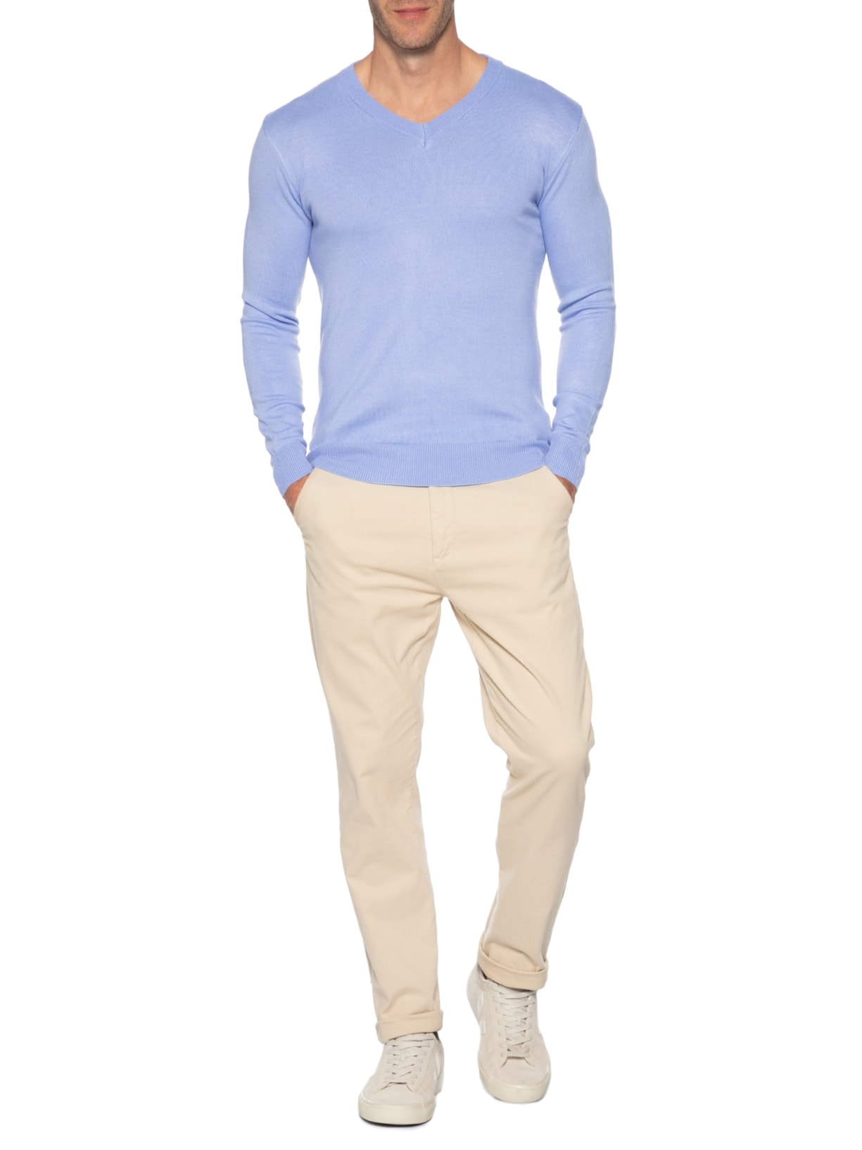 Suéter Masculino Gola V Color Básico Azul Basiq Men