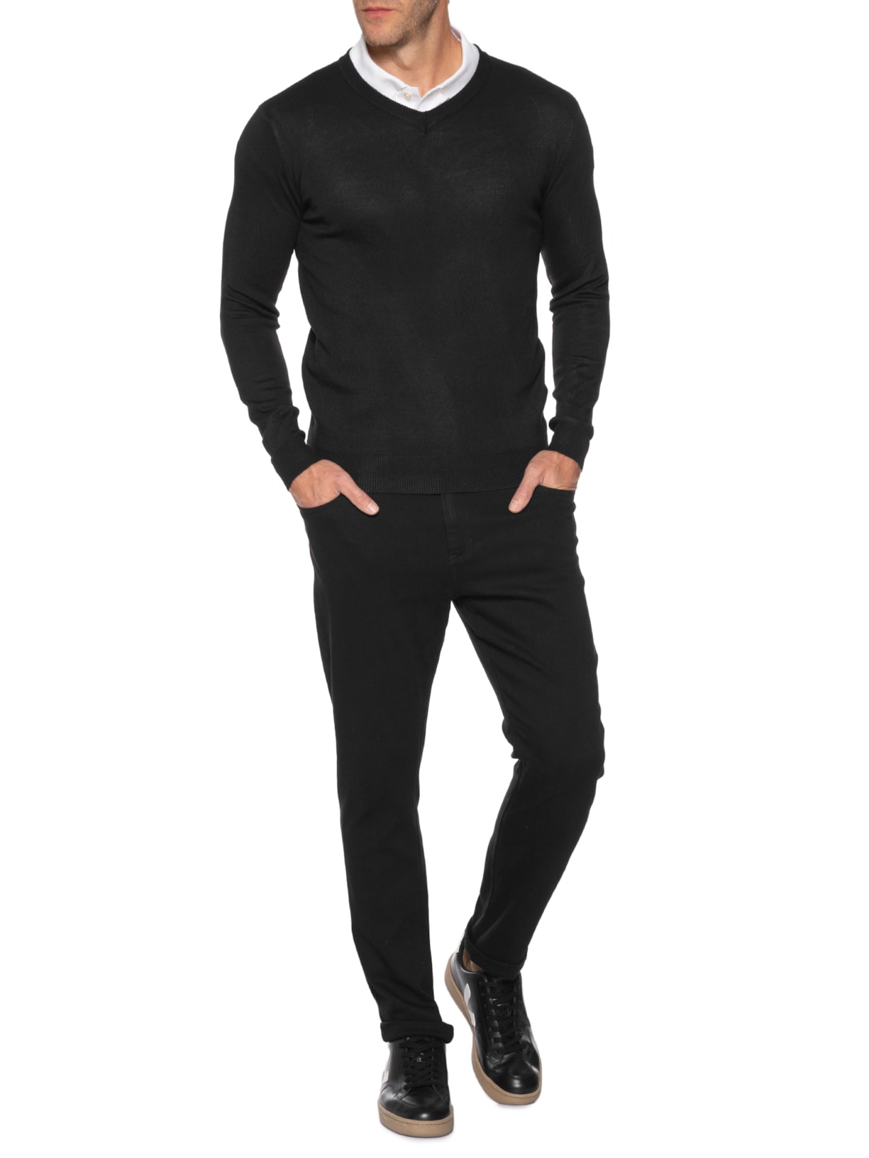 Suéter Masculino Gola V Color Básico Preto Basiq Men