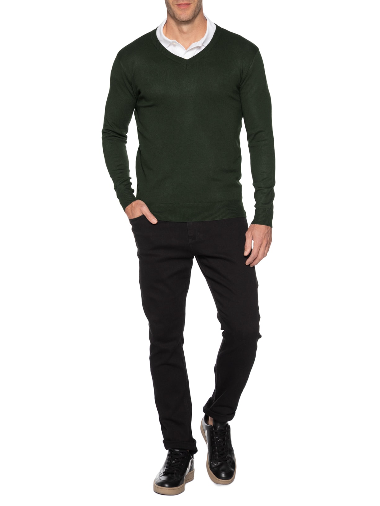 Suéter Masculino Gola V Color Básico Verde Basiq Men