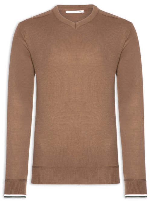 Suéter Masculino Gola V Detalhe Ombro - Marrom