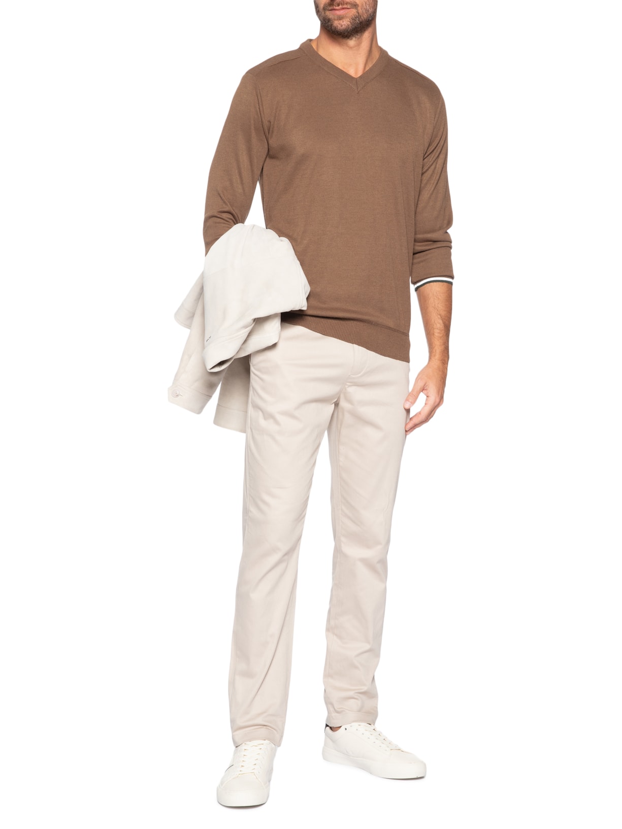 Suéter Masculino Gola V Detalhe Ombro Marrom '2 Essential