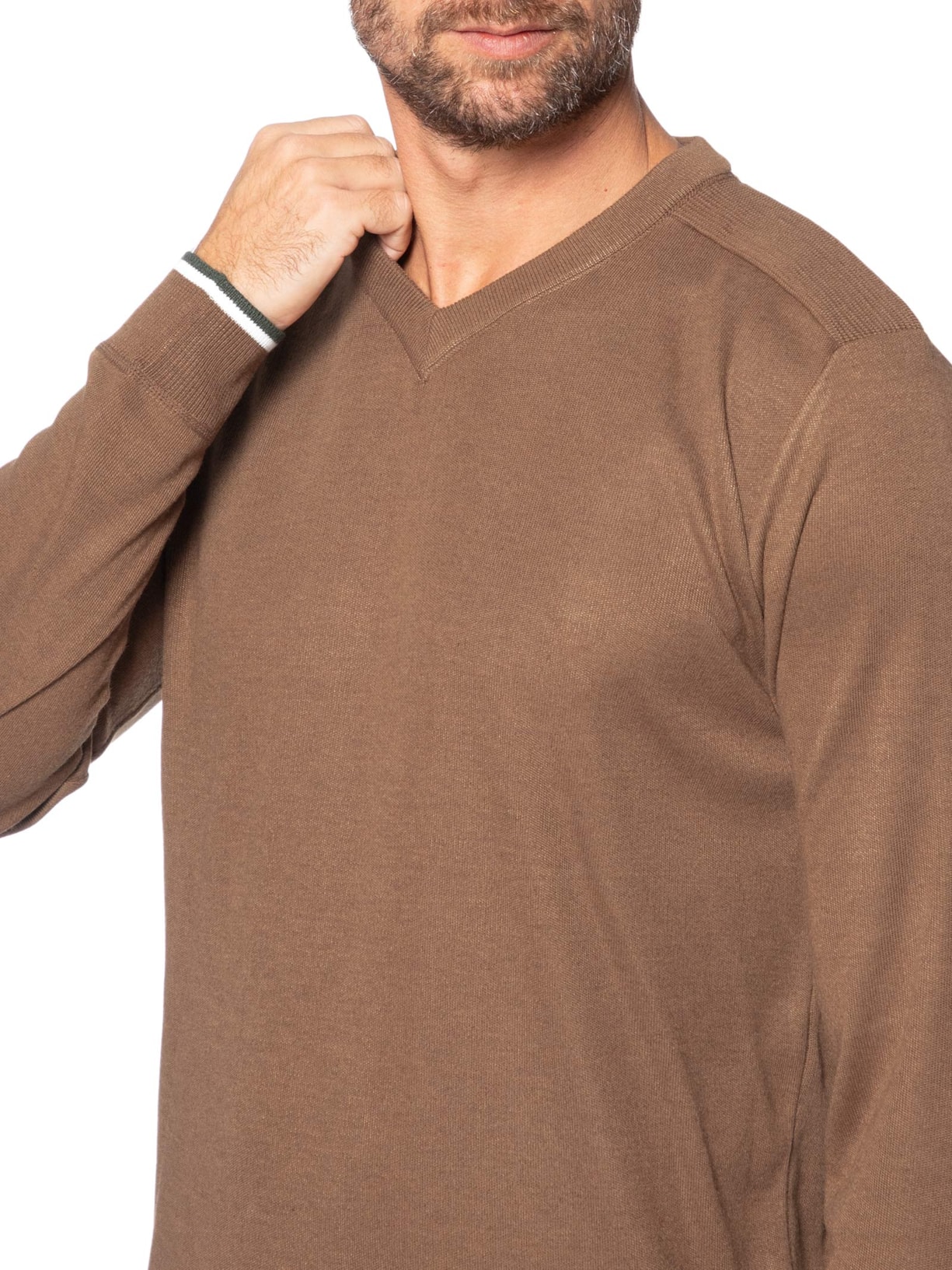 Suéter Masculino Gola V Detalhe Ombro Marrom '2 Essential