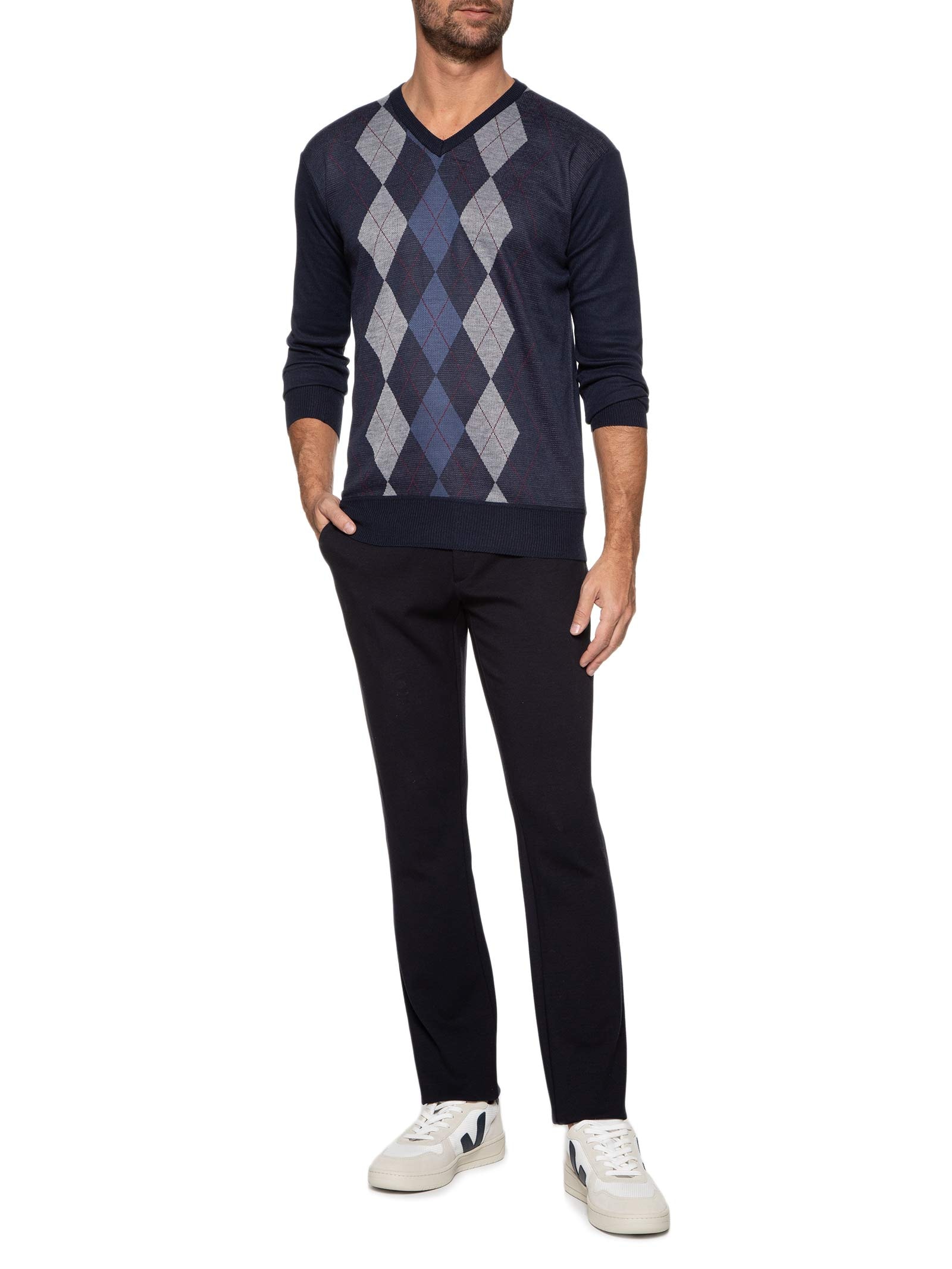 Suéter Masculino Gola V Jacquard - '2Essential - Azul