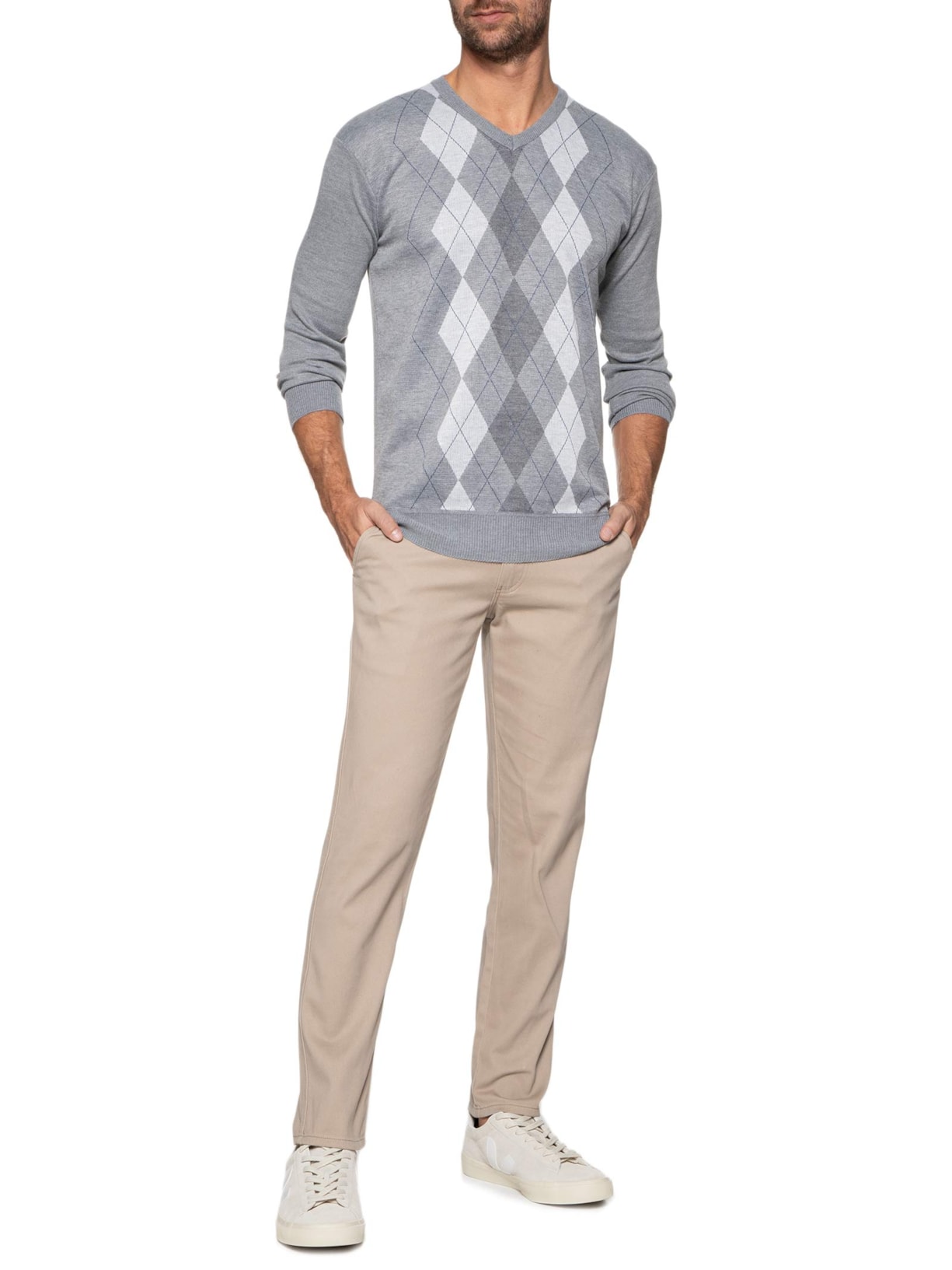 Suéter Masculino Gola V Jacquard Cinza '2 Essential