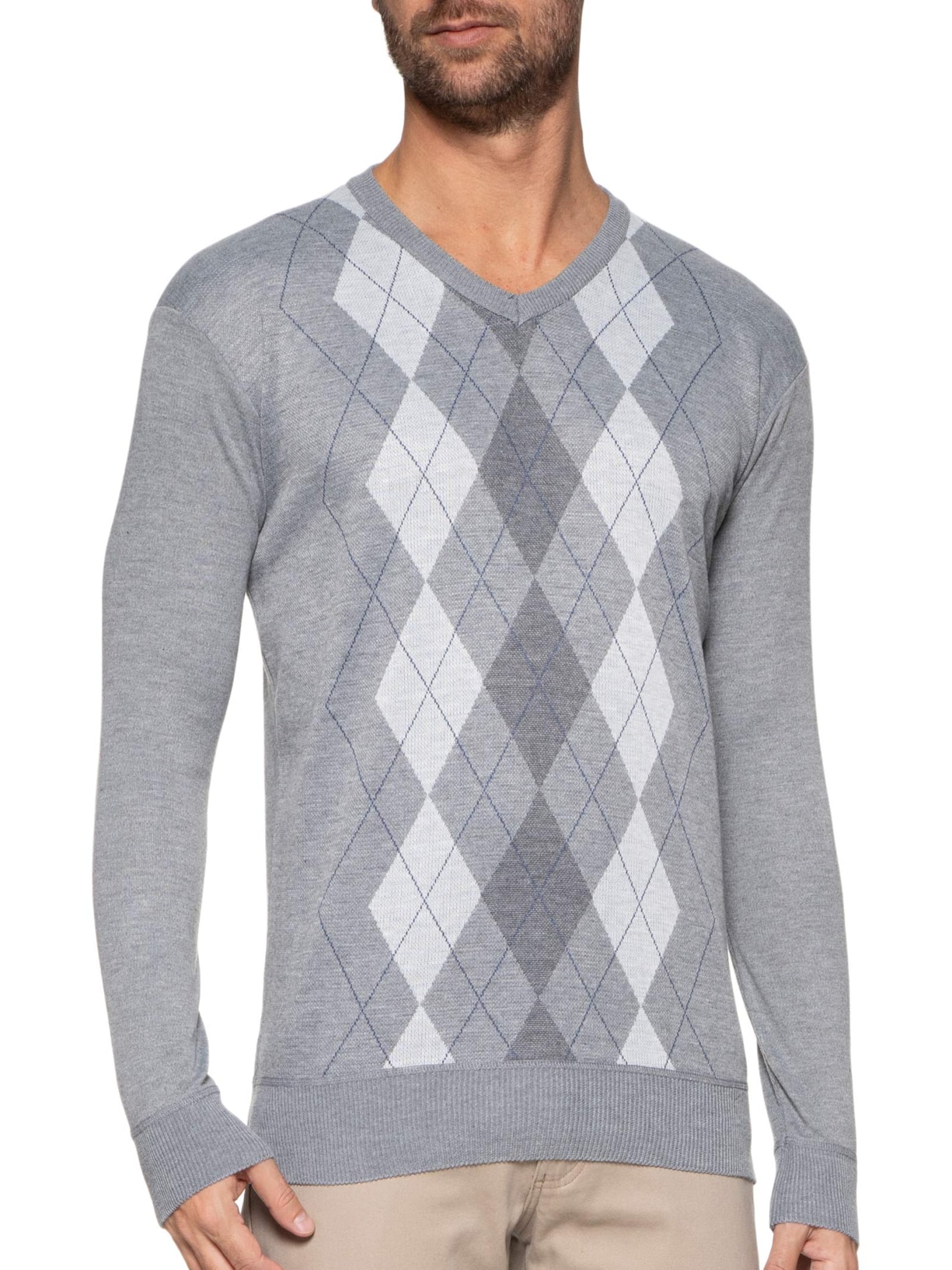 Suéter Masculino Gola V Jacquard Cinza '2 Essential