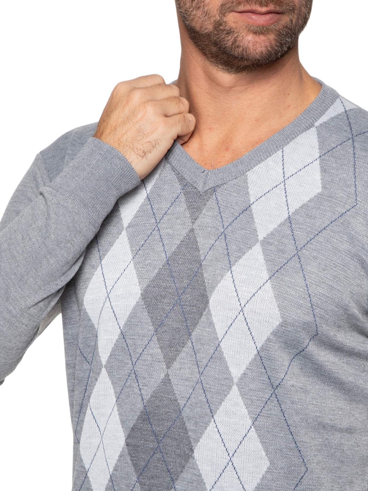 Suéter Masculino Gola V Jacquard Cinza '2 Essential