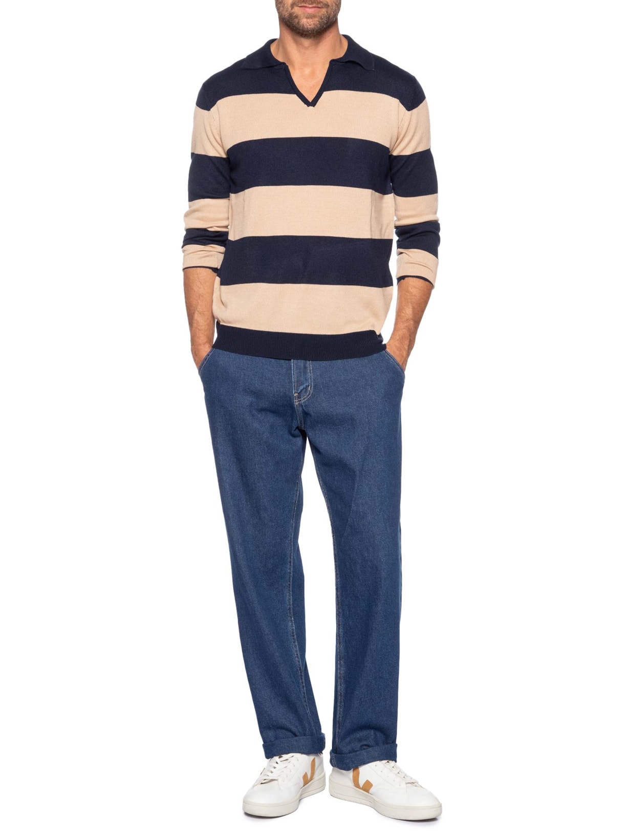 Suéter Masculino Gola V Listrado – Bege Basiq Men