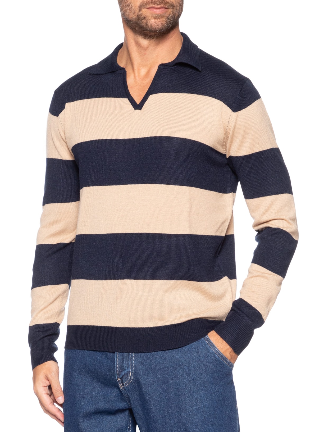 Suéter Masculino Gola V Listrado – Bege Basiq Men