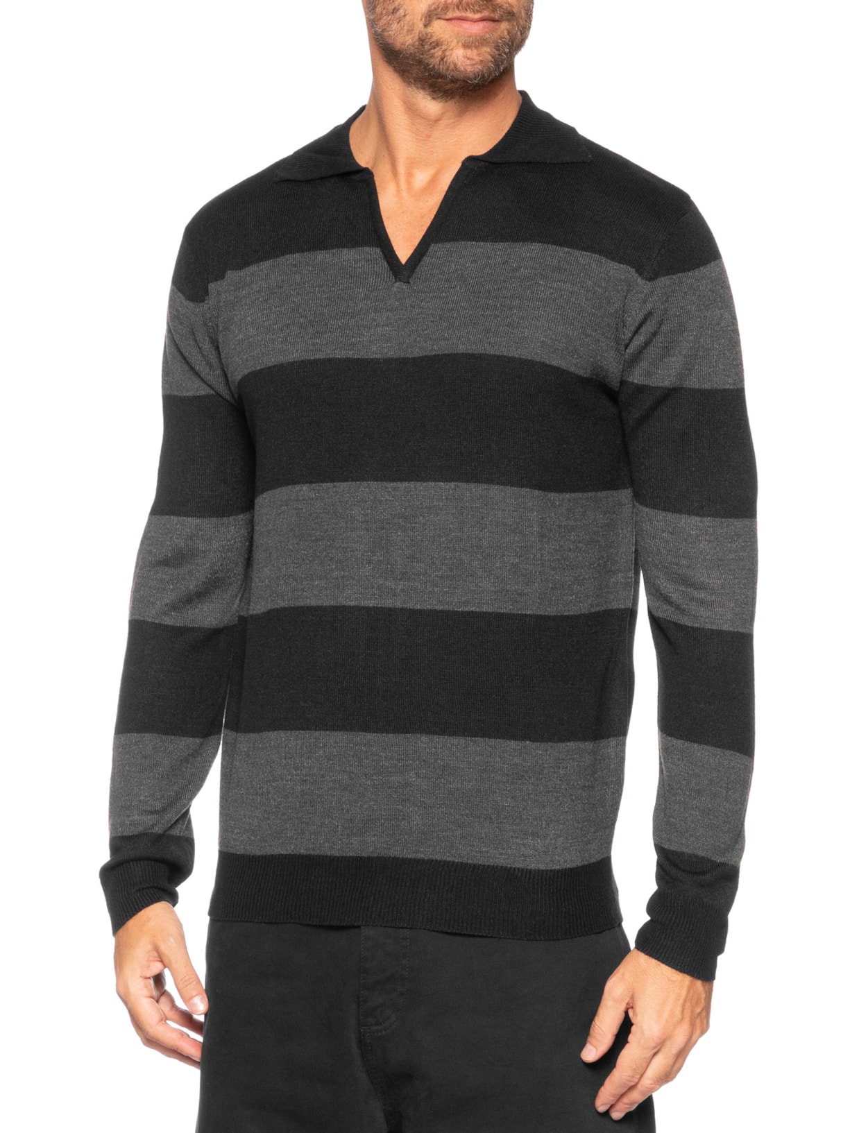 Suéter Masculino Gola V Listrado – Cinza Basiq Men