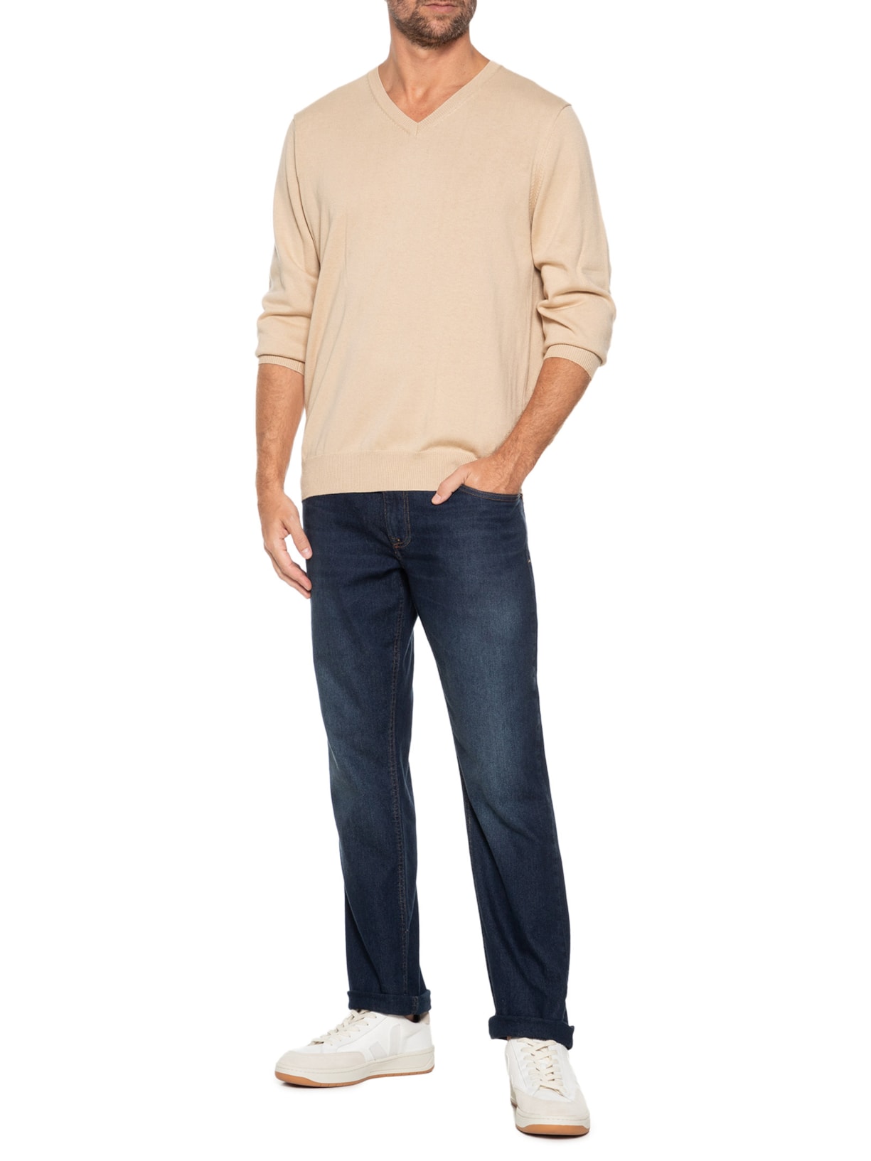 Suéter Masculino Gola V Manga Longa Algodão Pima com Cashmere Bege '2 Essential