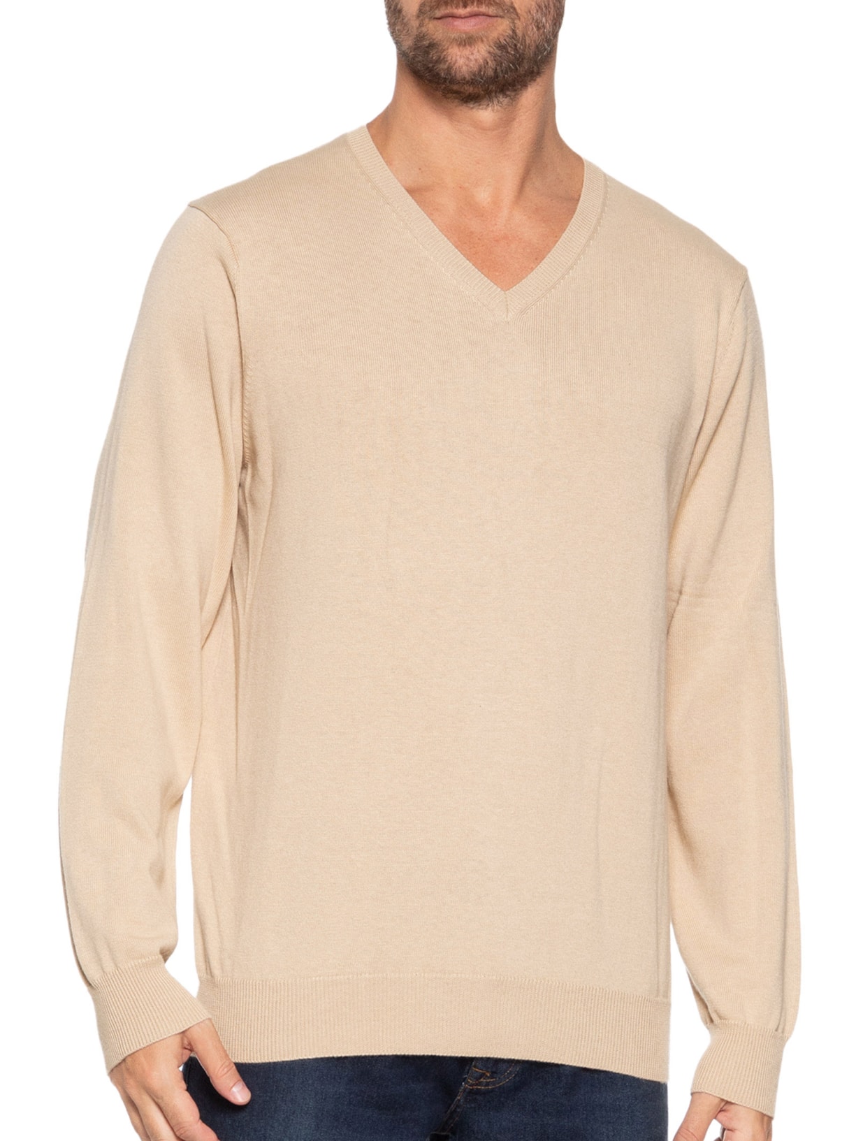 Suéter Masculino Gola V Manga Longa Algodão Pima com Cashmere Bege '2 Essential