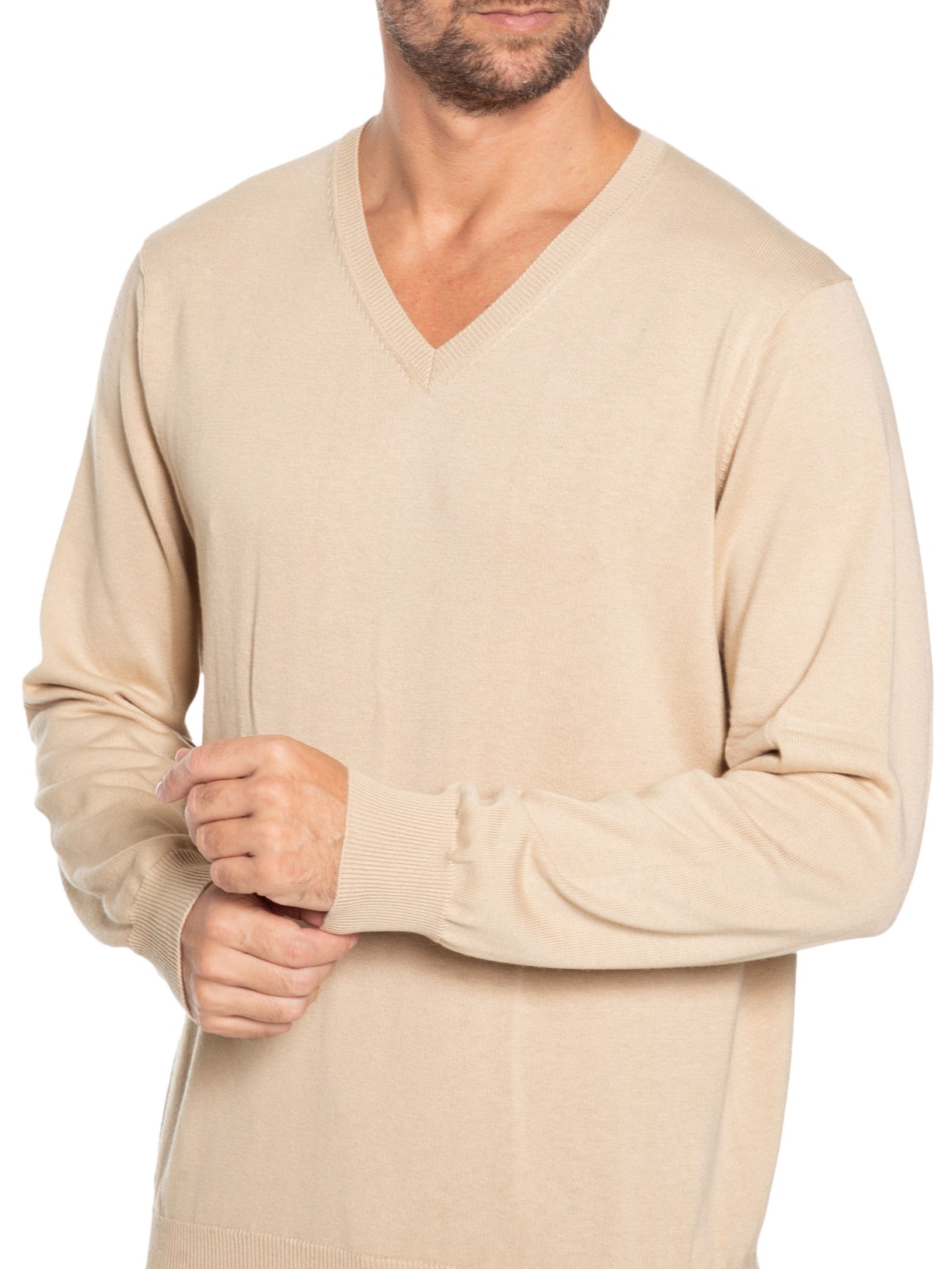 Suéter Masculino Gola V Manga Longa Algodão Pima com Cashmere Bege '2 Essential