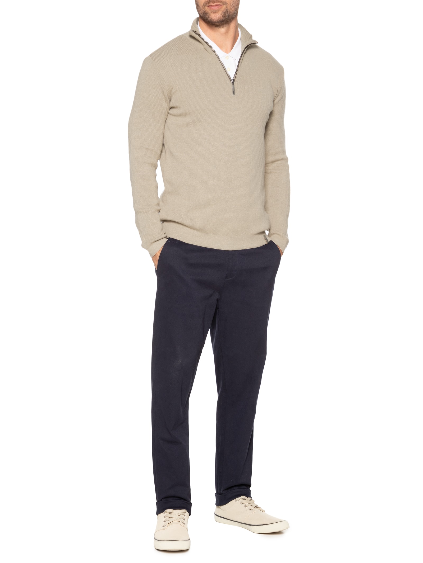 Pineapple - Suéter Masculino Half Zip Em Tricot - Bege