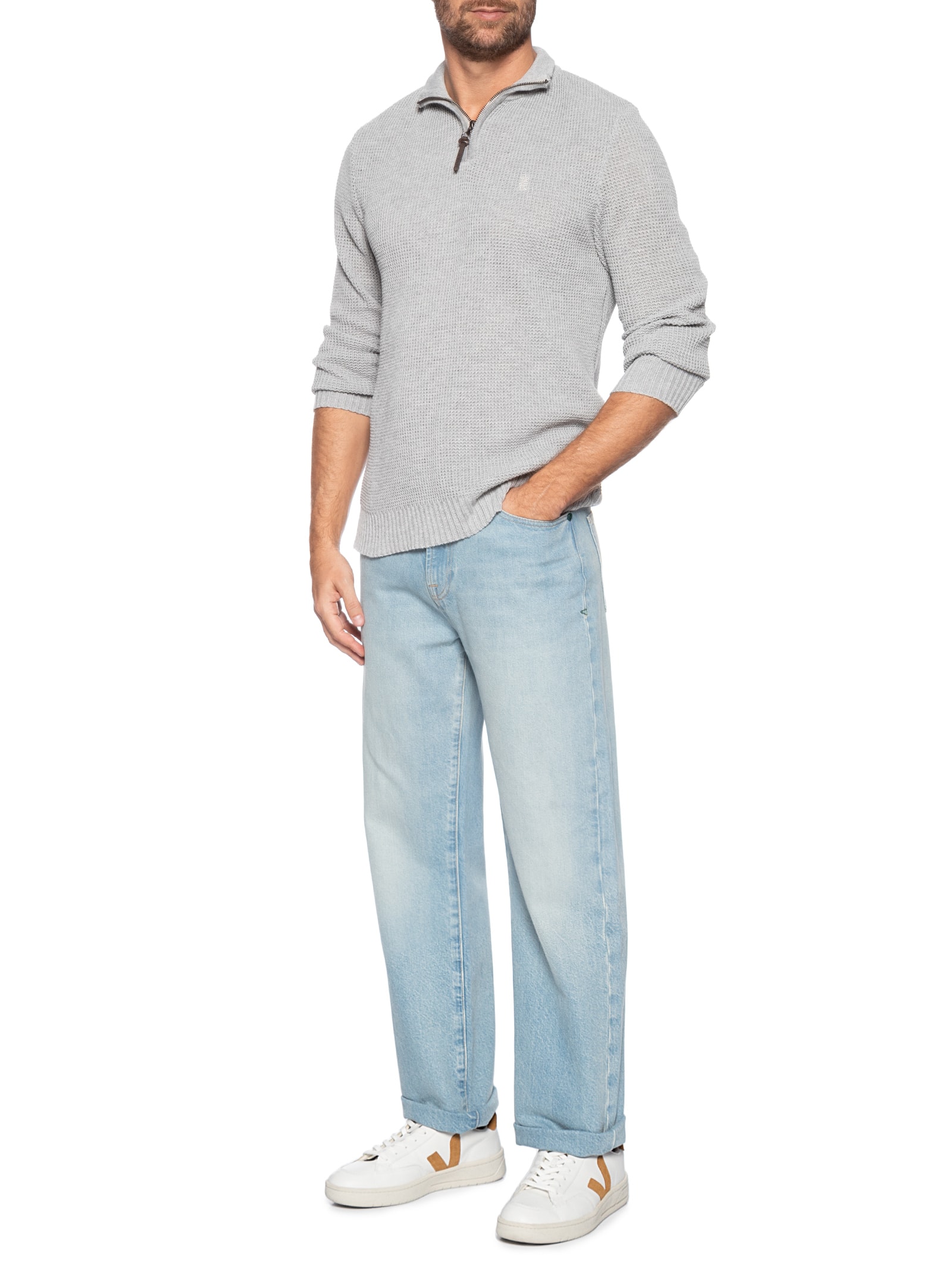 Sergio K - Suéter Masculino Half Zip Em Tricot Waff - Cinza