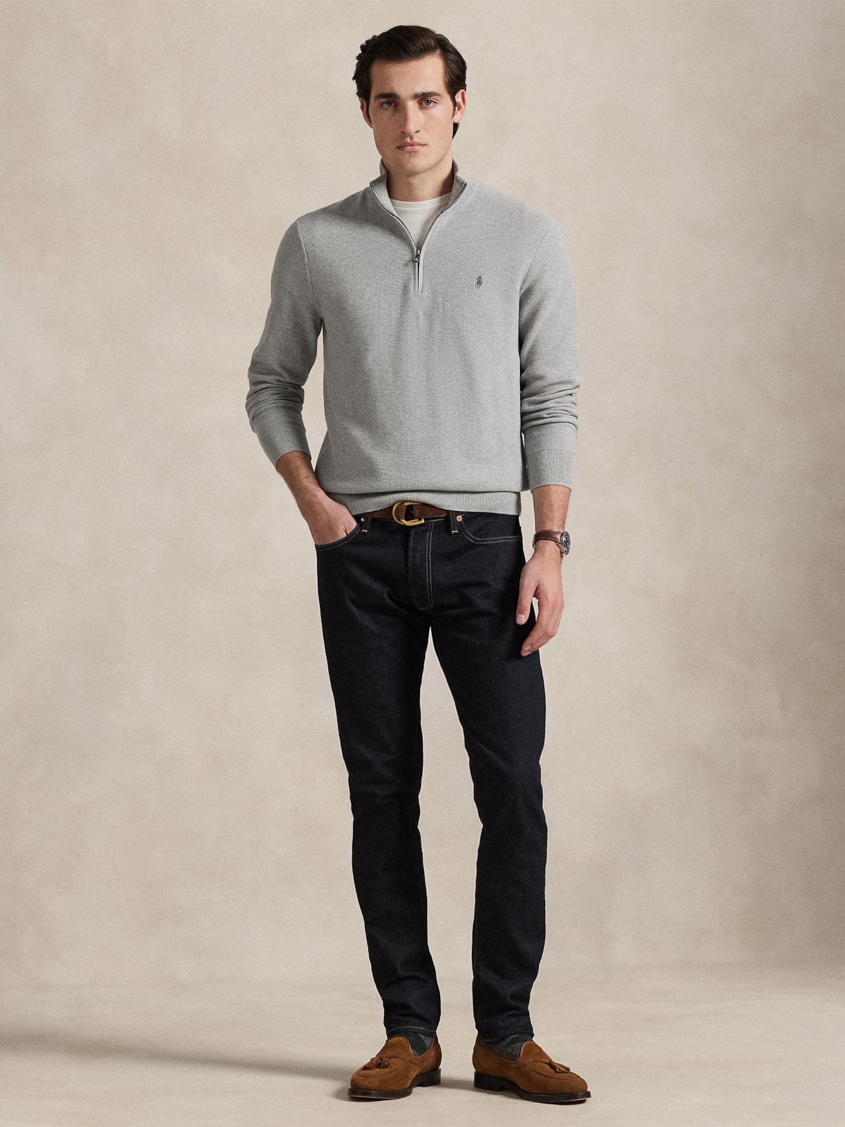 Suéter Masculino Half Ziper Classic Logo Cinza Polo Ralph Lauren