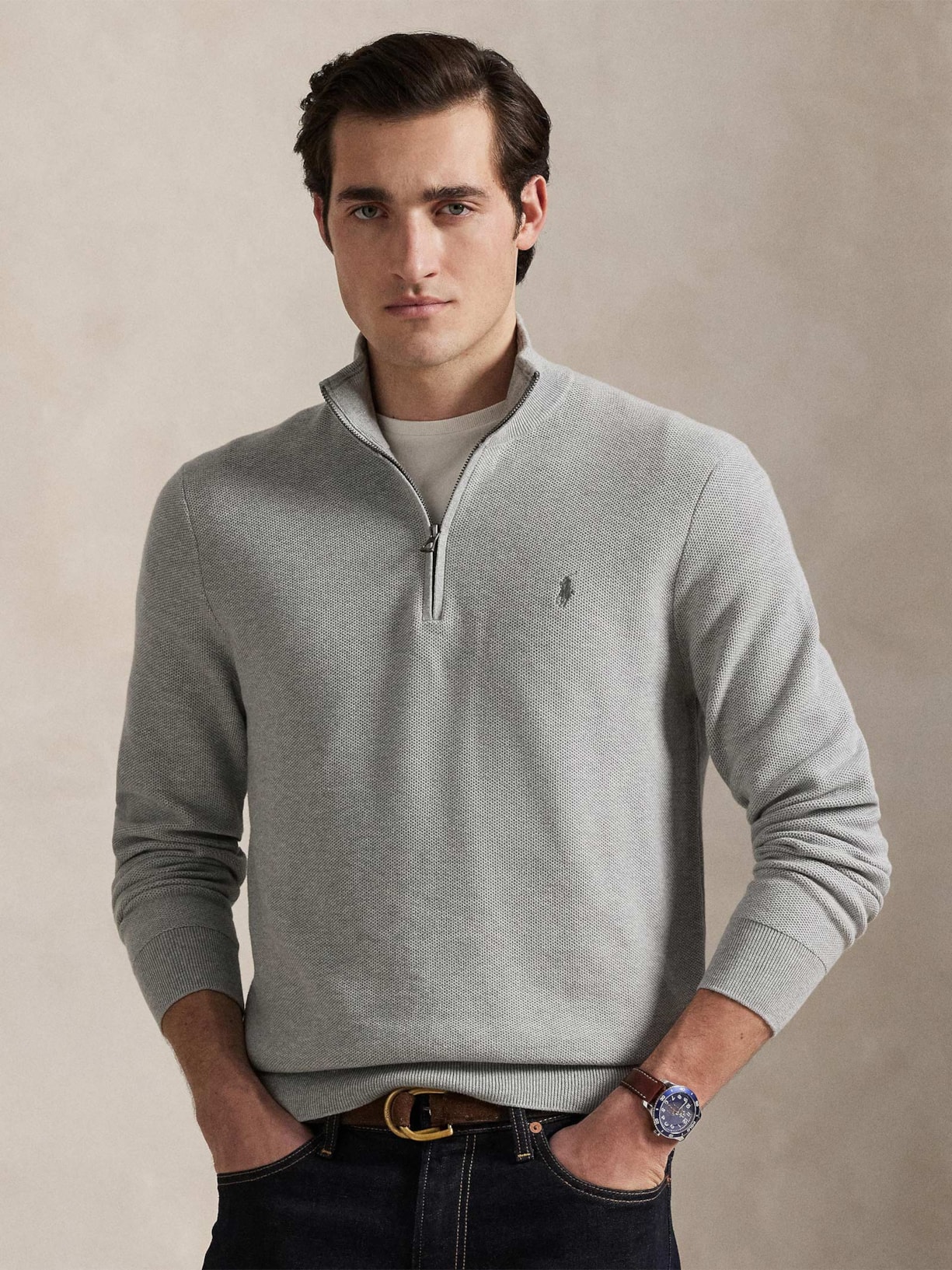 Suéter Masculino Half Ziper Classic Logo Cinza Polo Ralph Lauren