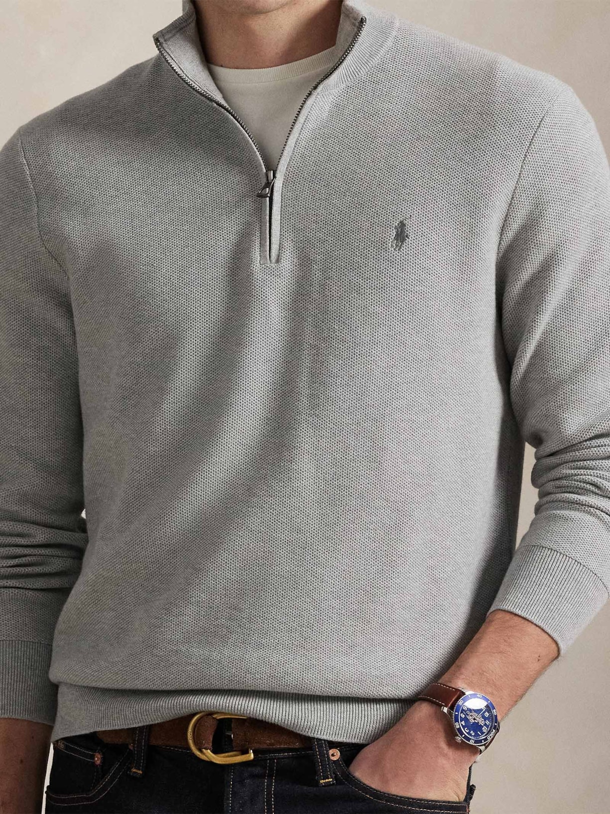 Suéter Masculino Half Ziper Classic Logo Cinza Polo Ralph Lauren