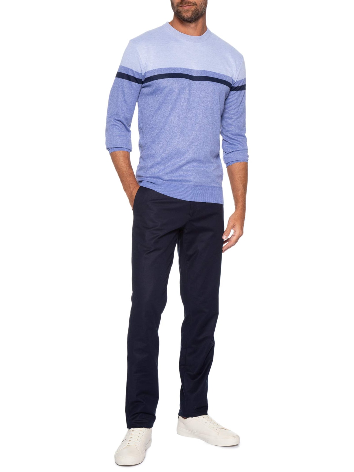 Suéter Masculino Listrado Gola Redonda Azul '2 Essential