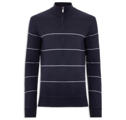 Suéter Masculino Listrado Meio Zíper - Azul