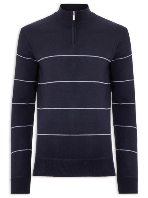 Suéter Masculino Listrado Meio Zíper - Azul