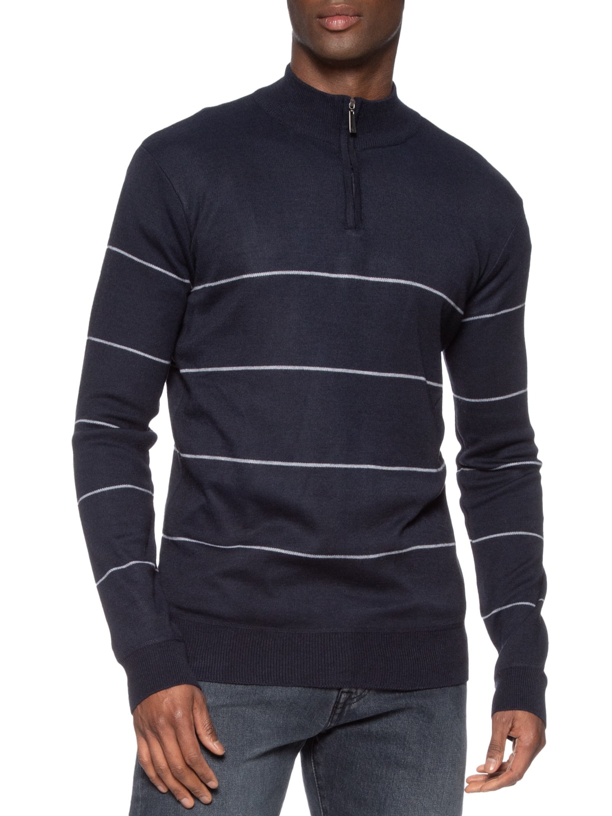 Suéter Masculino Listrado Meio Zíper Azul '2 Essential