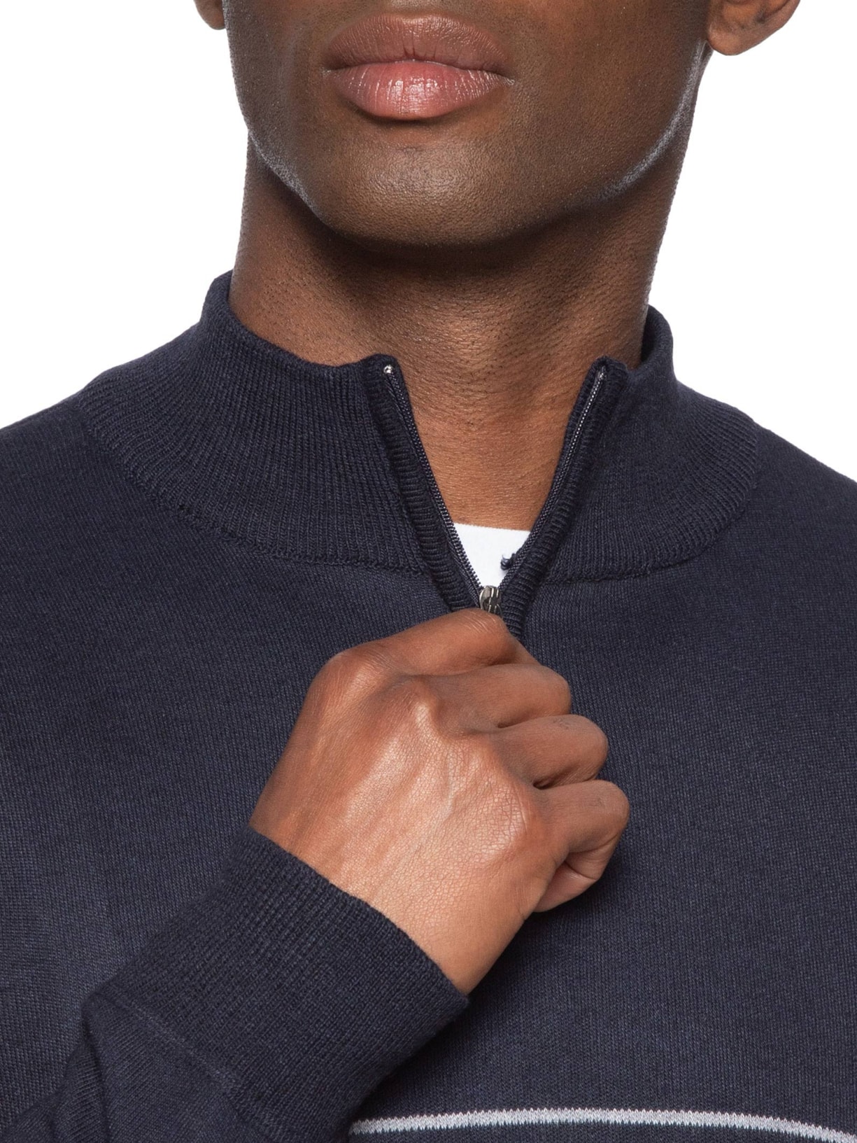 Suéter Masculino Listrado Meio Zíper Azul '2 Essential