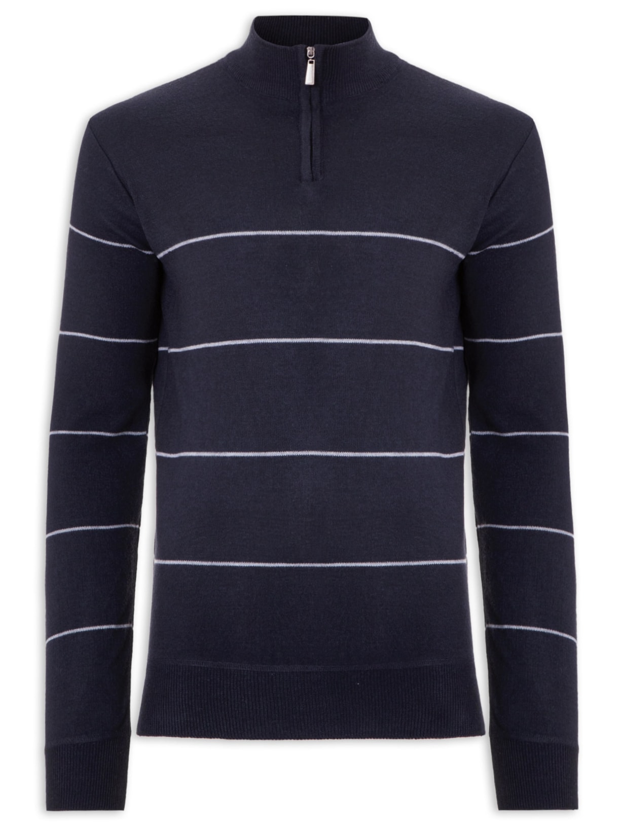 Suéter Masculino Listrado Meio Zíper - Azul