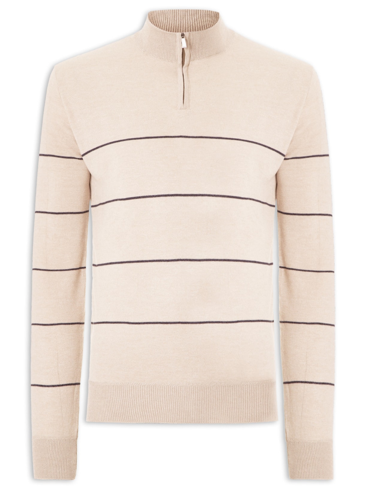 Suéter Masculino Listrado Meio Zíper - Bege