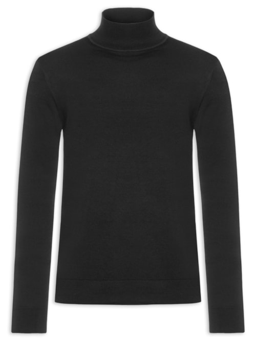 Suéter Masculino Manga Longa Gola Rolet em Lã Merino Pura - Preto
