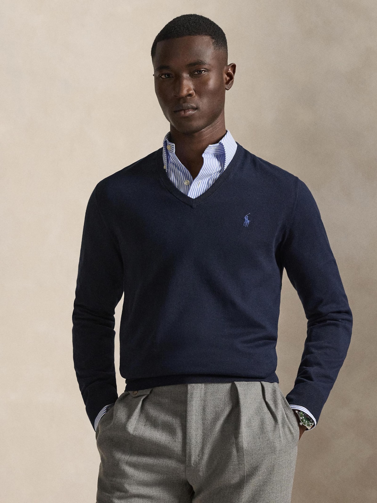 Suéter Masculino Pima Cotton Gola V Classic Logo Azul Polo Ralph Lauren