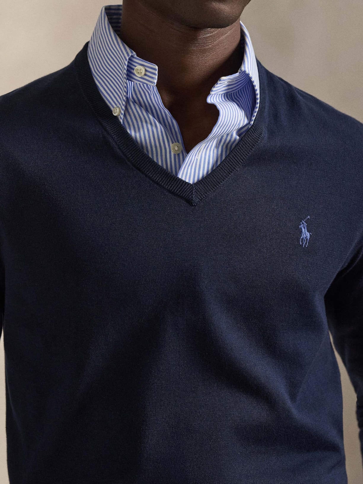 Suéter Masculino Pima Cotton Gola V Classic Logo Azul Polo Ralph Lauren