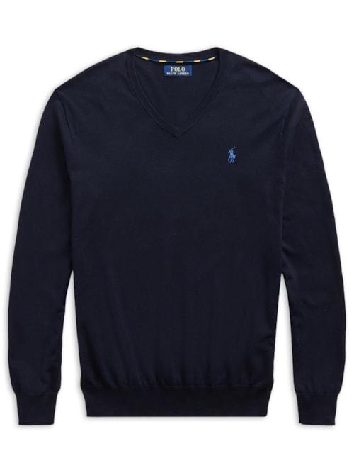 Suéter Masculino Pima Cotton Gola V Classic Logo - Azul