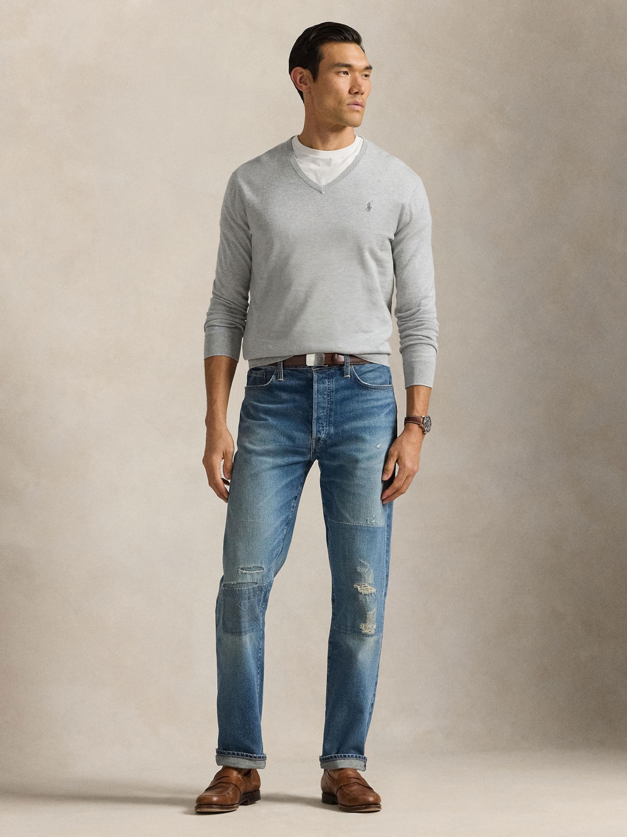 Suéter Masculino Pima Cotton Gola V Classic Logo Cinza Polo Ralph Lauren