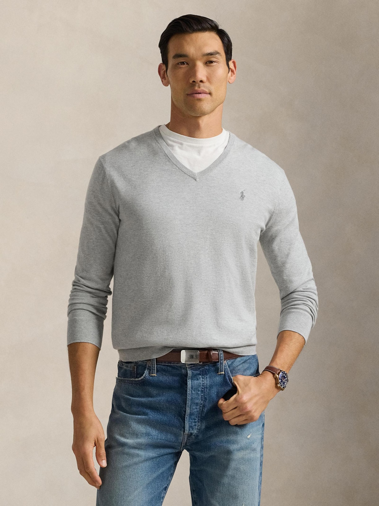 Suéter Masculino Pima Cotton Gola V Classic Logo Cinza Polo Ralph Lauren