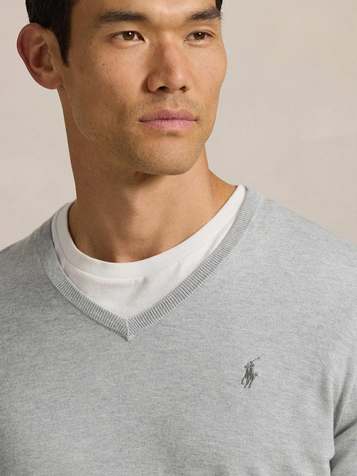 Suéter Masculino Pima Cotton Gola V Classic Logo Cinza Polo Ralph Lauren