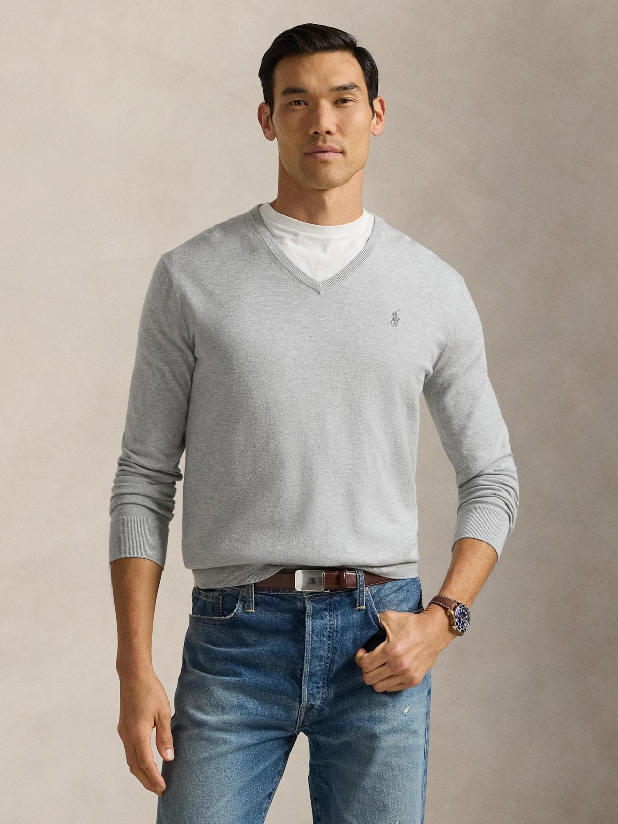 Suéter Masculino Pima Cotton Gola V Classic Logo Cinza Polo Ralph Lauren