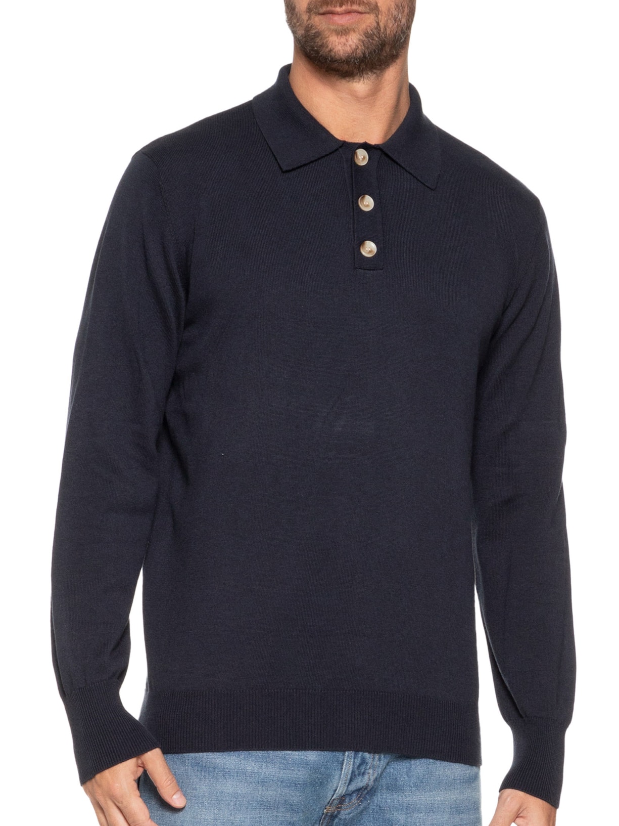 Suéter Masculino Polo Manga Longa Algodão Pima Com Cashmere Azul '2 Essential