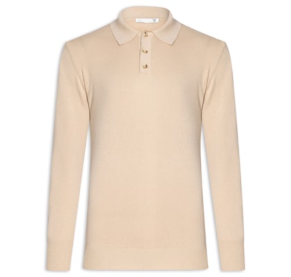 Suéter Masculino Polo Manga Longa Algodão Pima Com Cashmere - Bege